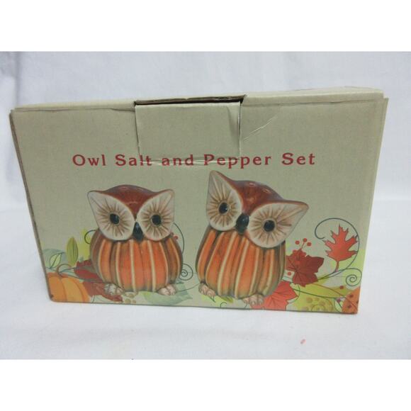 Cracker Barrel Fall Harvest Striped Owl Salt and Pepper Shakers Brown/Orange - Picture 5 of 5
